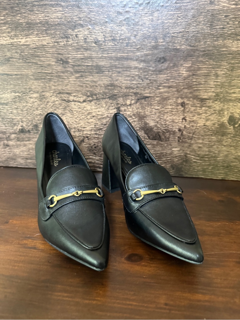 Charles by Charles David Black Leather Pointed Toe Block Heel Loafers